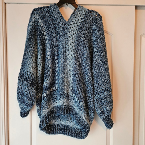 Sweaters - Hand Crocheted Chunky Blue Sweater Silver Maple Stitches Hooded Oversized Heavy